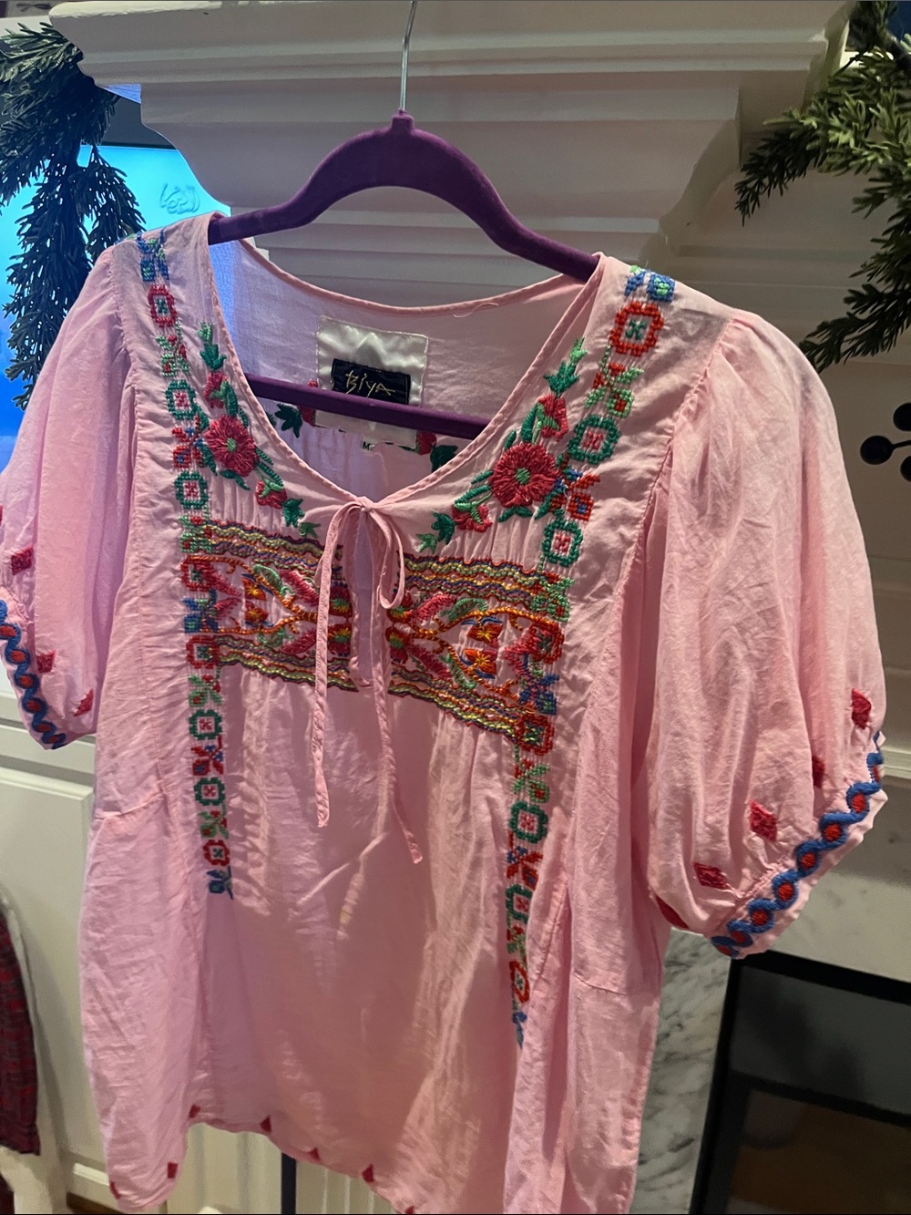 Johnny Was Pink Embroidered Boho Tie-Neck Blouse - Picture 4 of 7